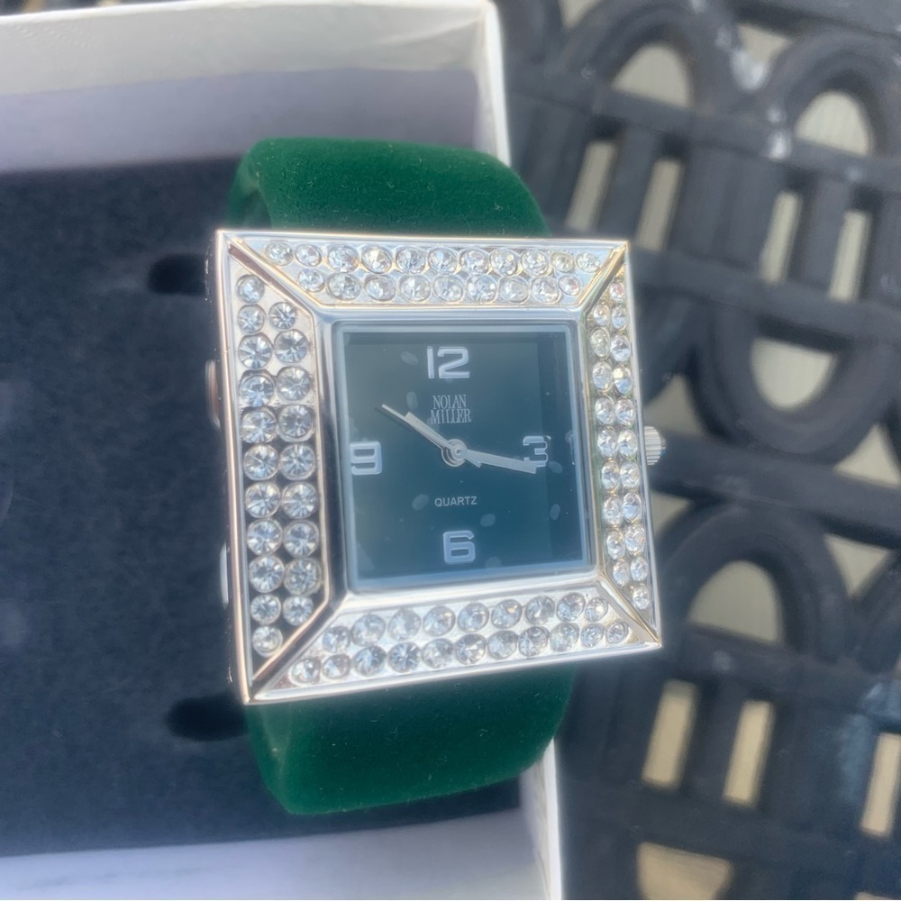 🆕 Nolan Miller Glamour Collection Cuff Watch Green Velour Crystals - Picture 2 of 6